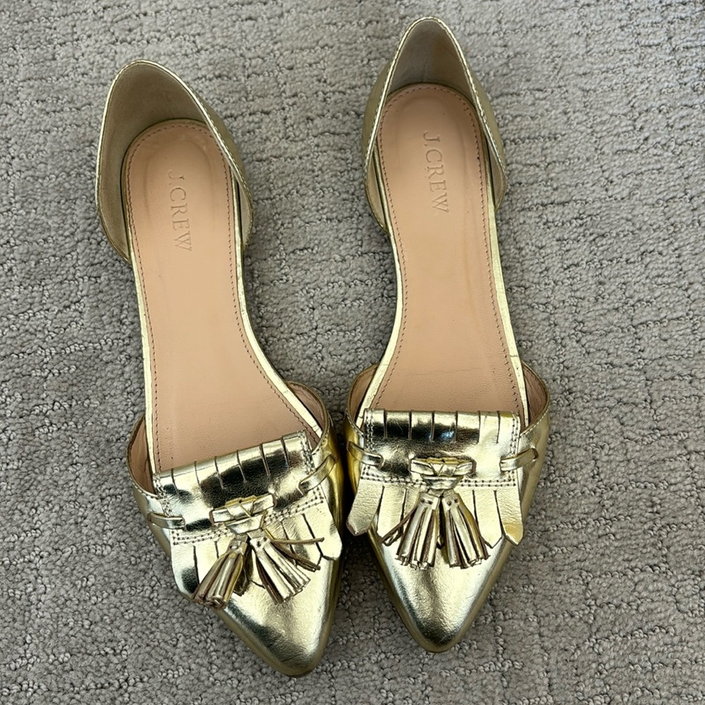 JCrew gold tassel leather mules